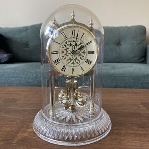 Vtg Howard Miller Crystal Brass Anniversary Clock Glass Dome Germany Mantle